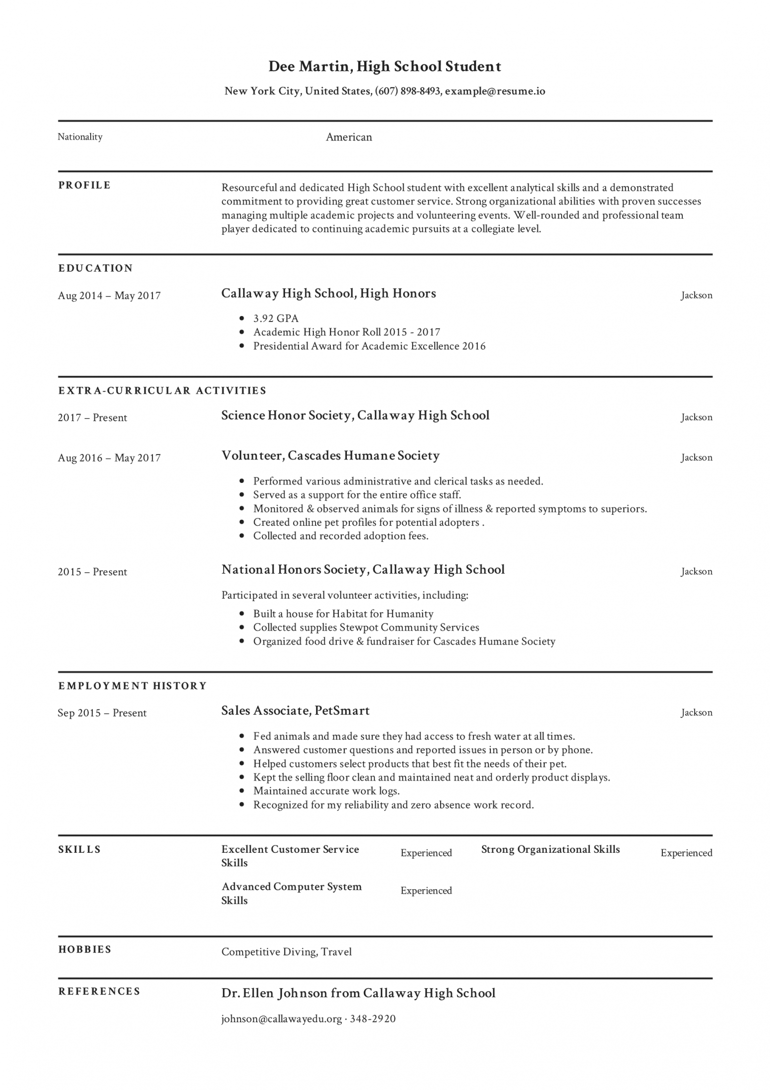 High School Student Resume Examples