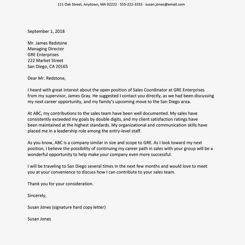 Sample Cover Letter For Relocation