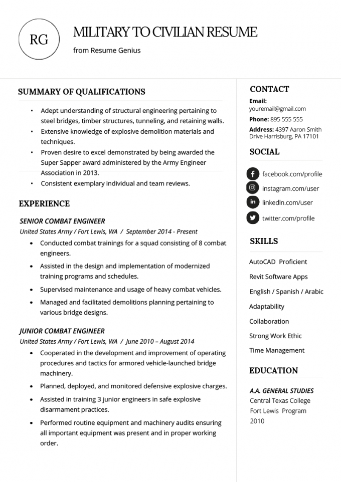 Resume Examples Military To Civilian