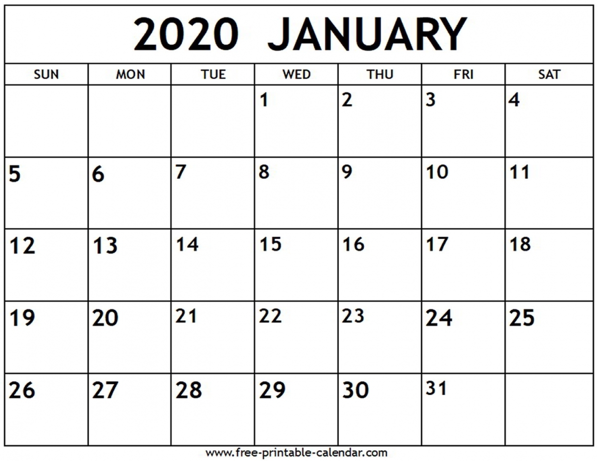 2020 Printable January Calendar