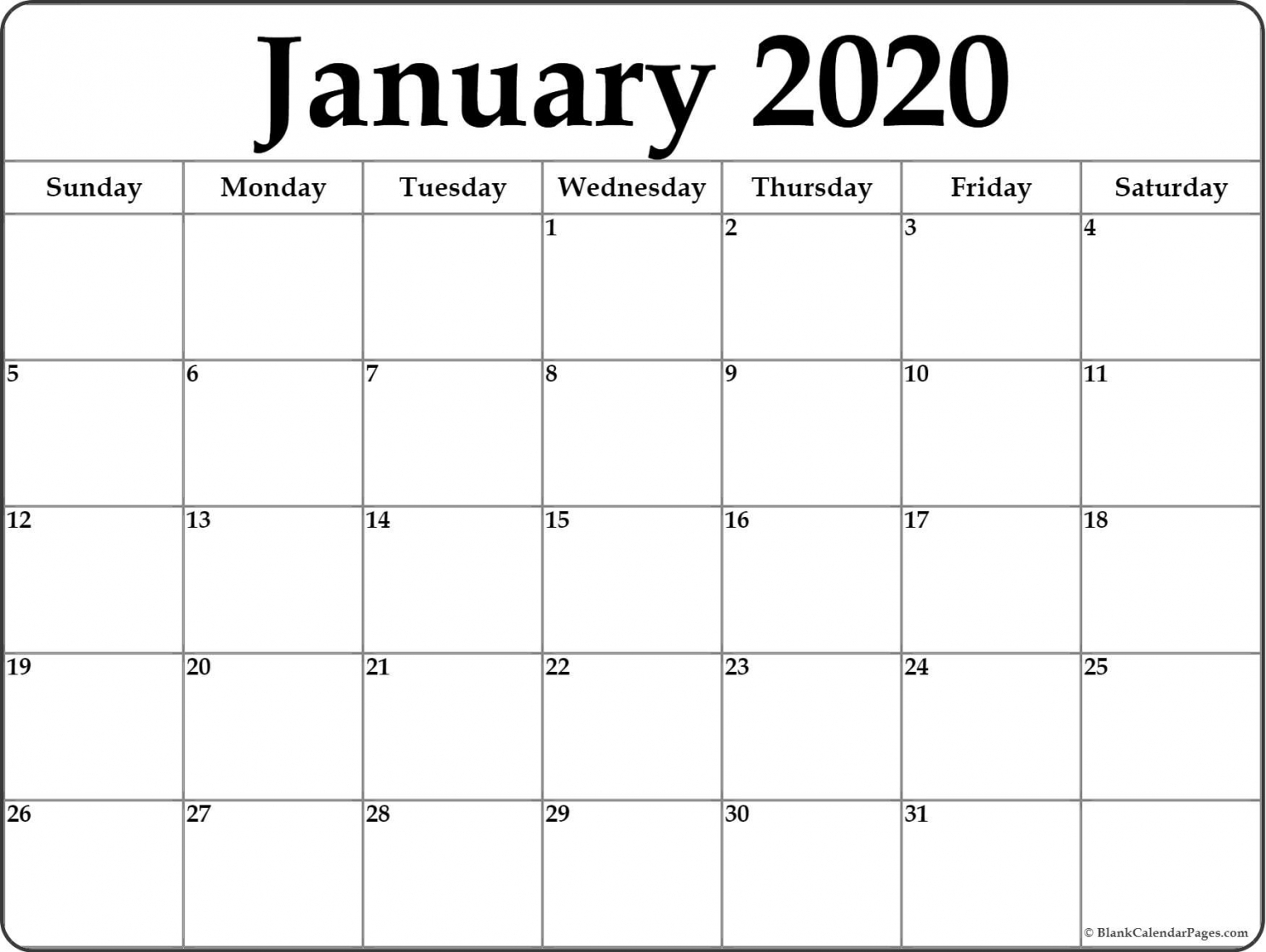 2020 Printable January Calendar
