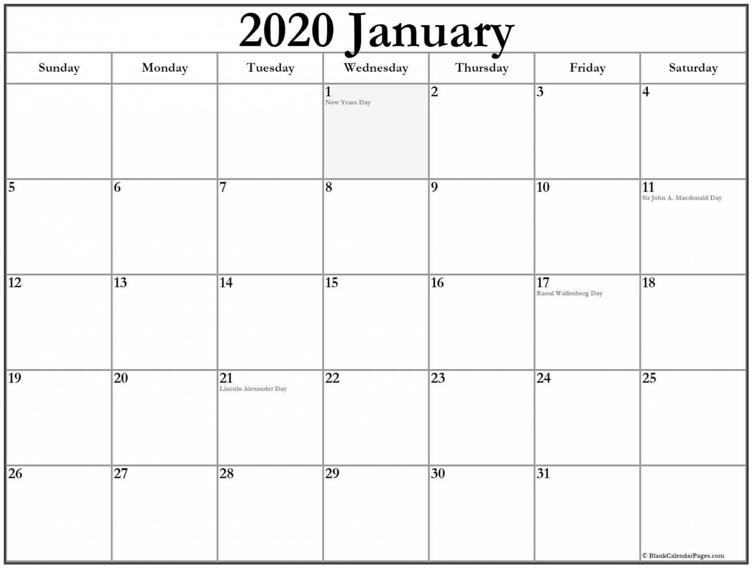 2020 Printable Calendar Canada