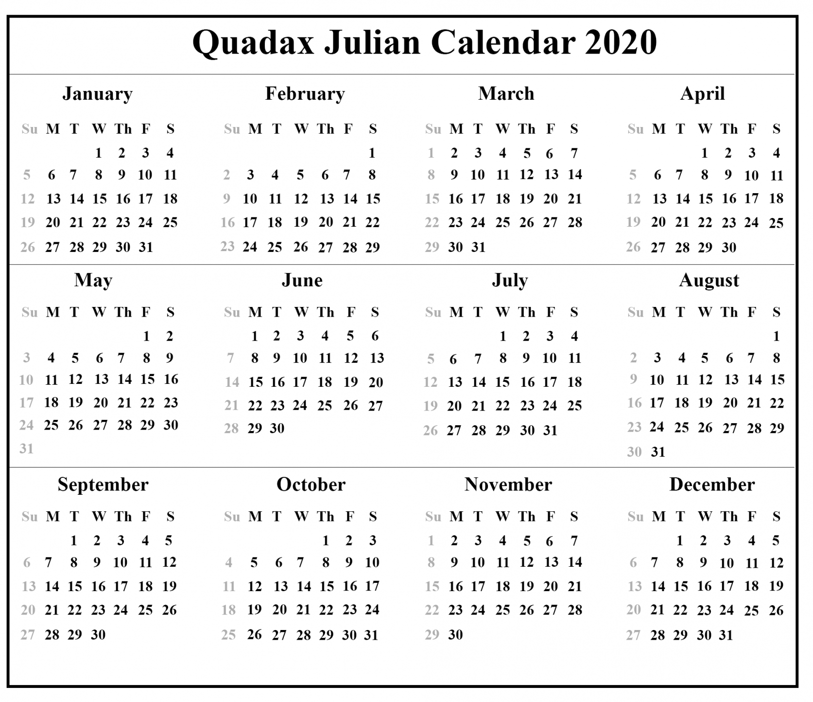 Printable Julian Calendar 2020