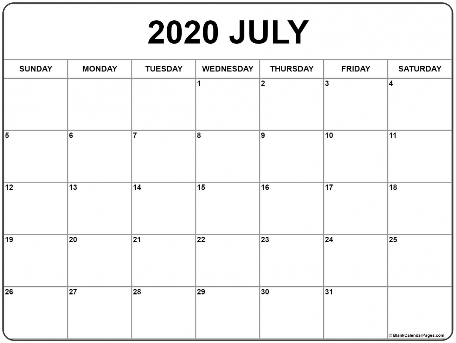 July 2020 Calendar Printable July 2020 Calendar Printable