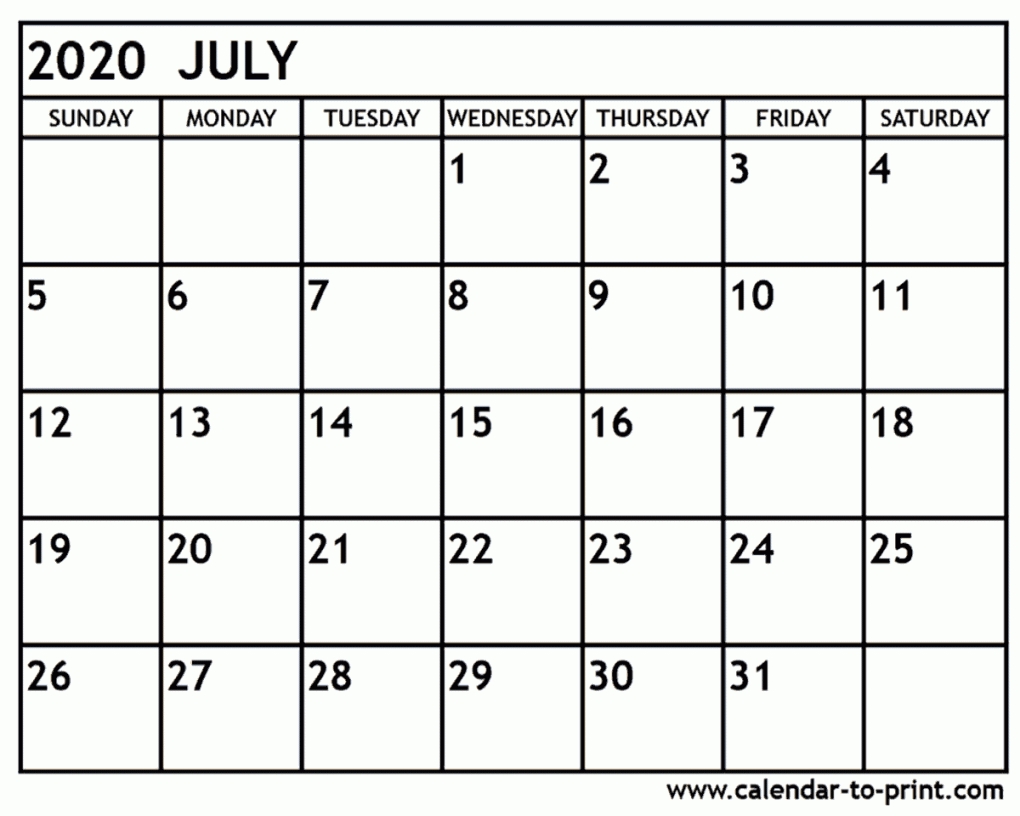 July 2020 Calendar Printable July 2020 Calendar Printable