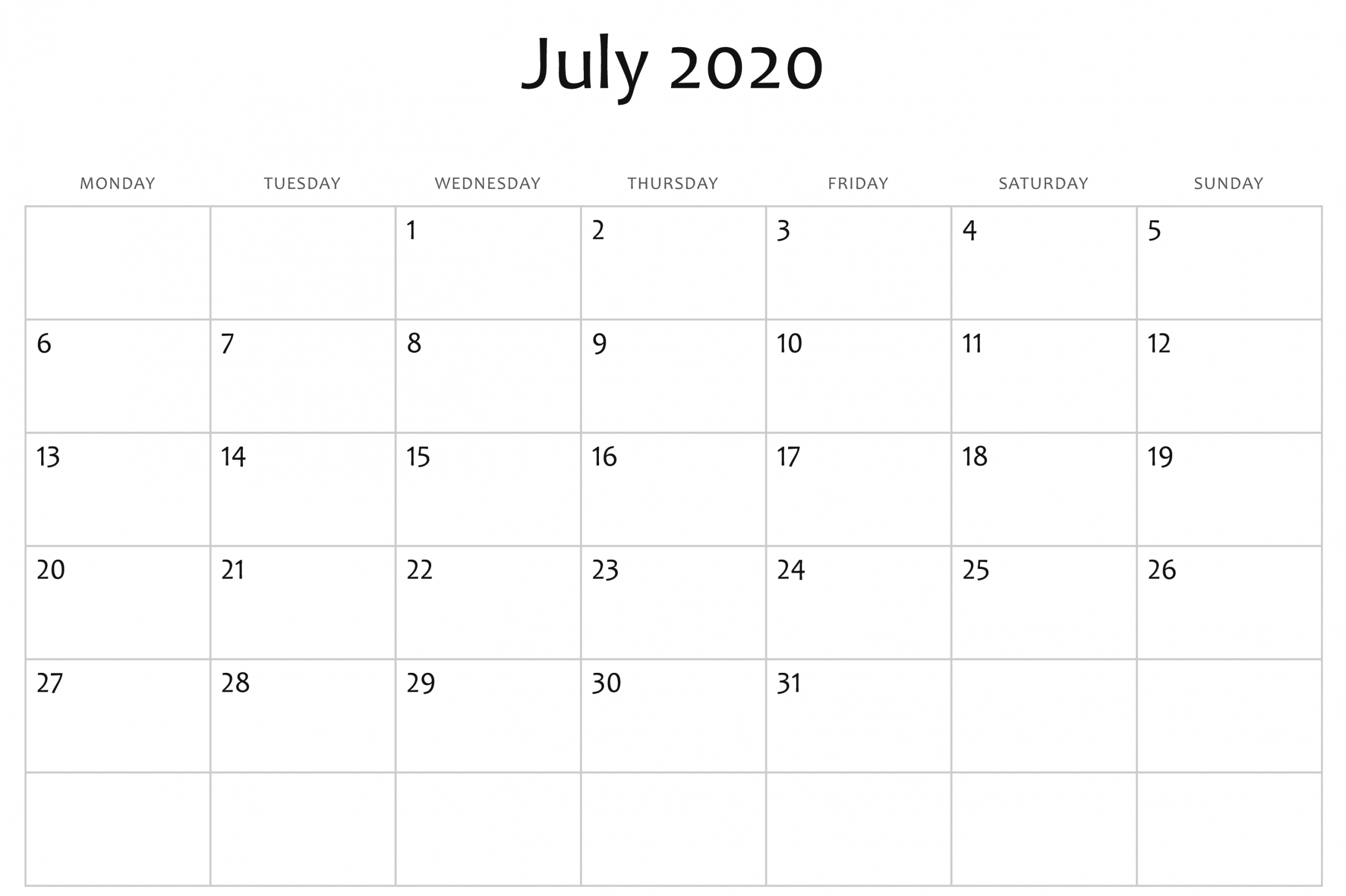 2020 Printable Calendar Word