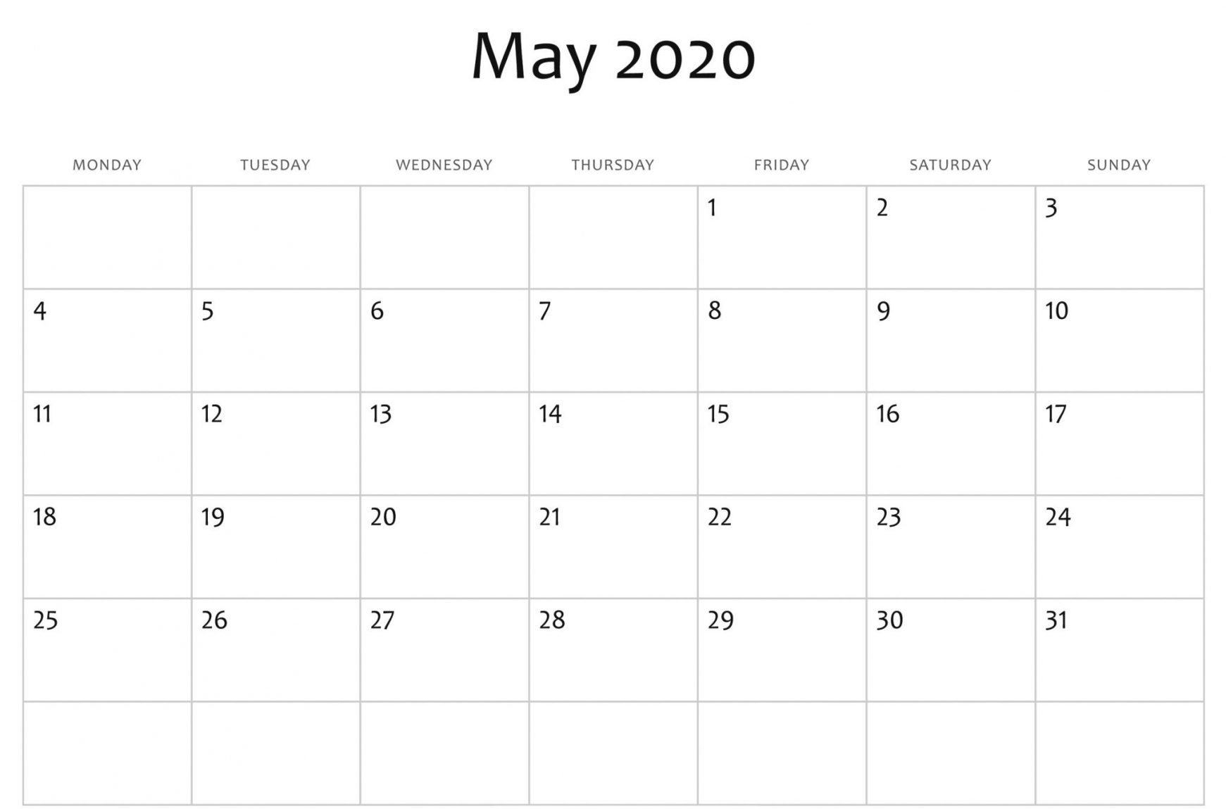 2020 Printable Calendar Word