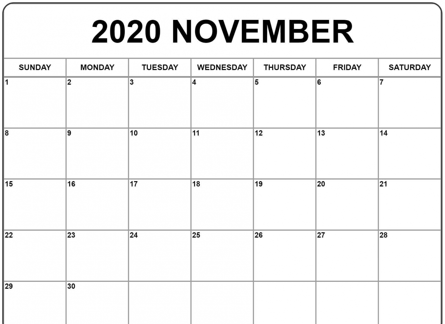November 2020 Calendar Numbers Printable