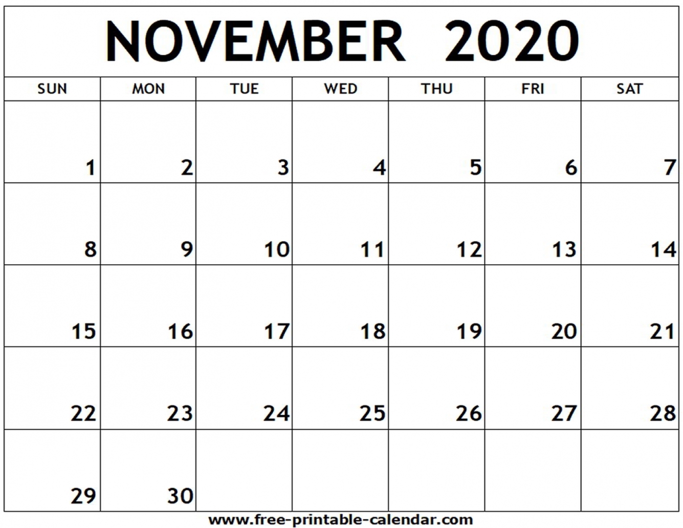 November 2020 Calendar Numbers Printable