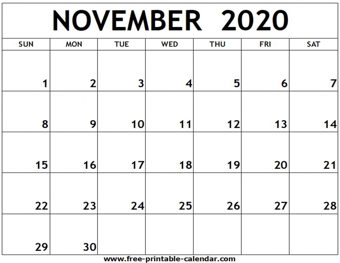 November 2020 Calendar Numbers Printable November 2020 Calendar Numbers Printable
