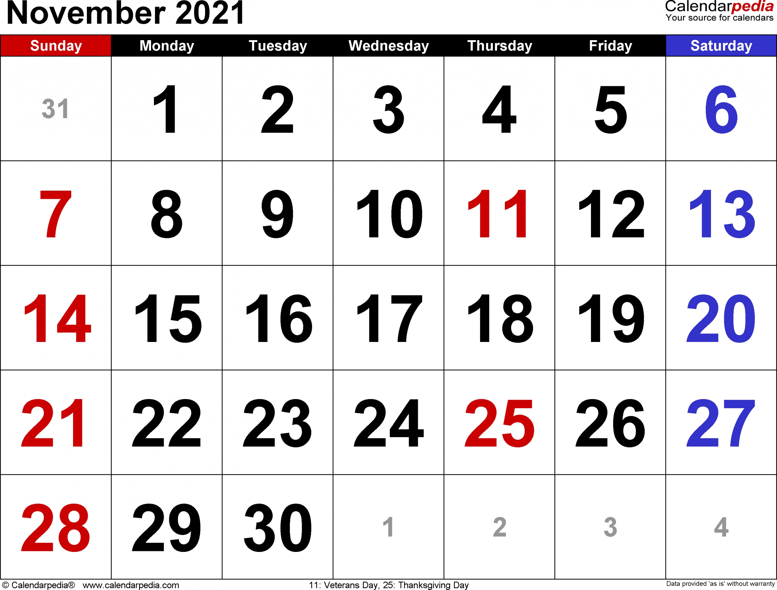 2021 November Calendar Printable | Free Letter Templates
