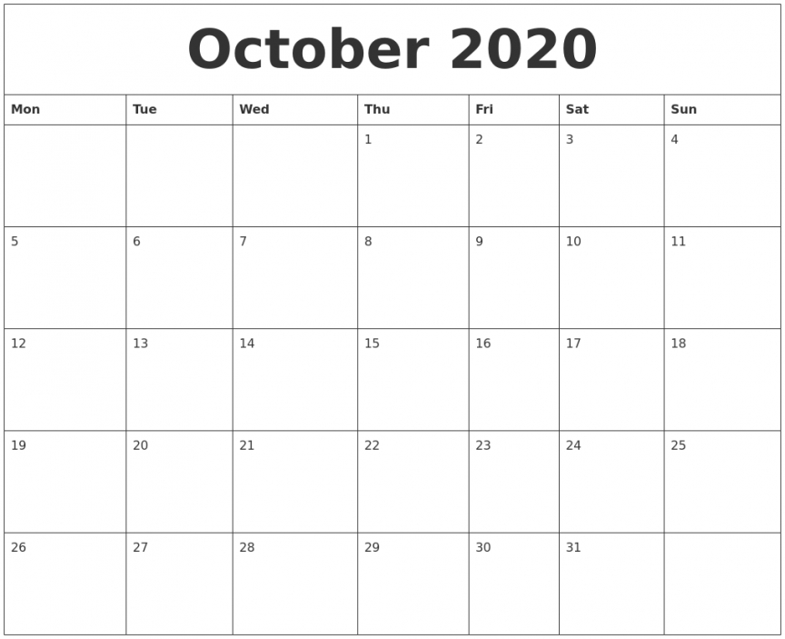 October 2020 Blank Calendar Printable
