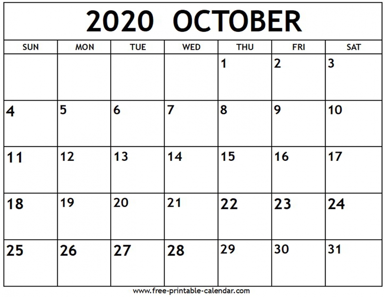 October Calendar 2020 Printable