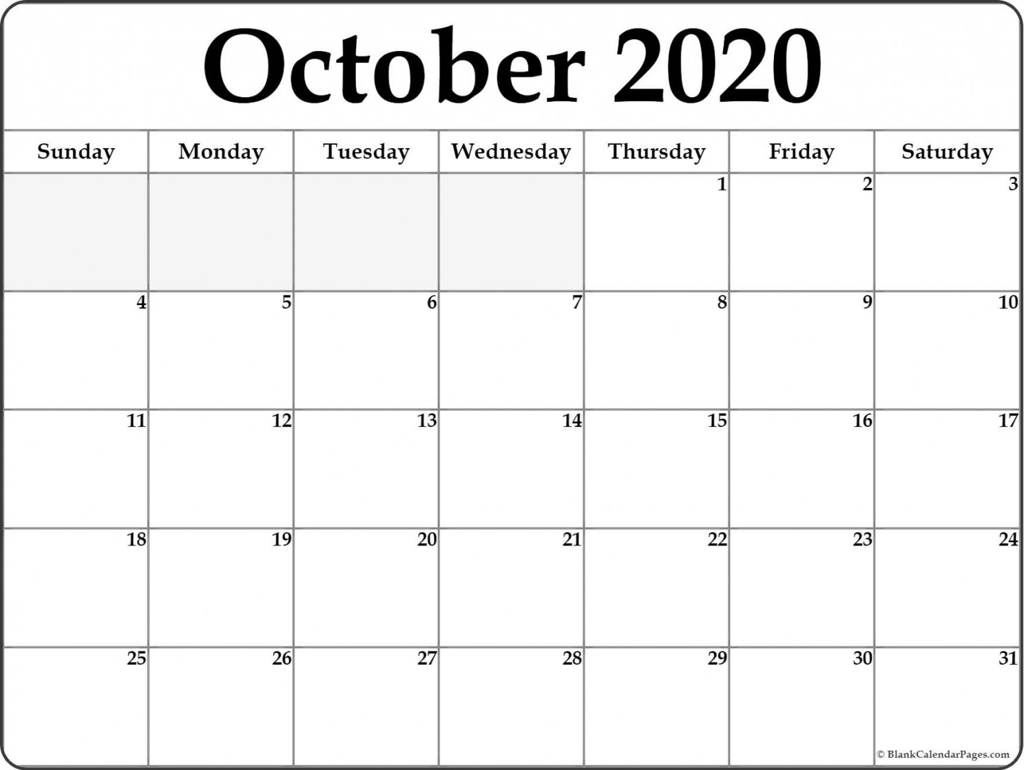 October Printable Calendar 2020