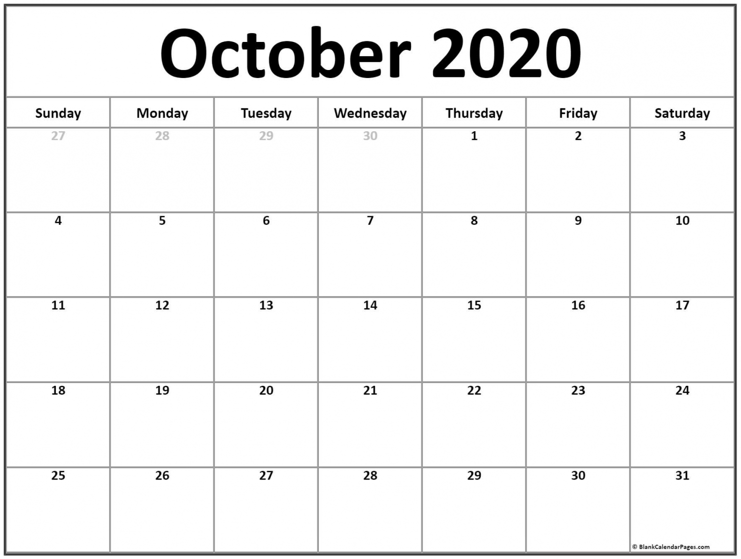 October 2020 Calendar Printable October 2020 Calendar Printable
