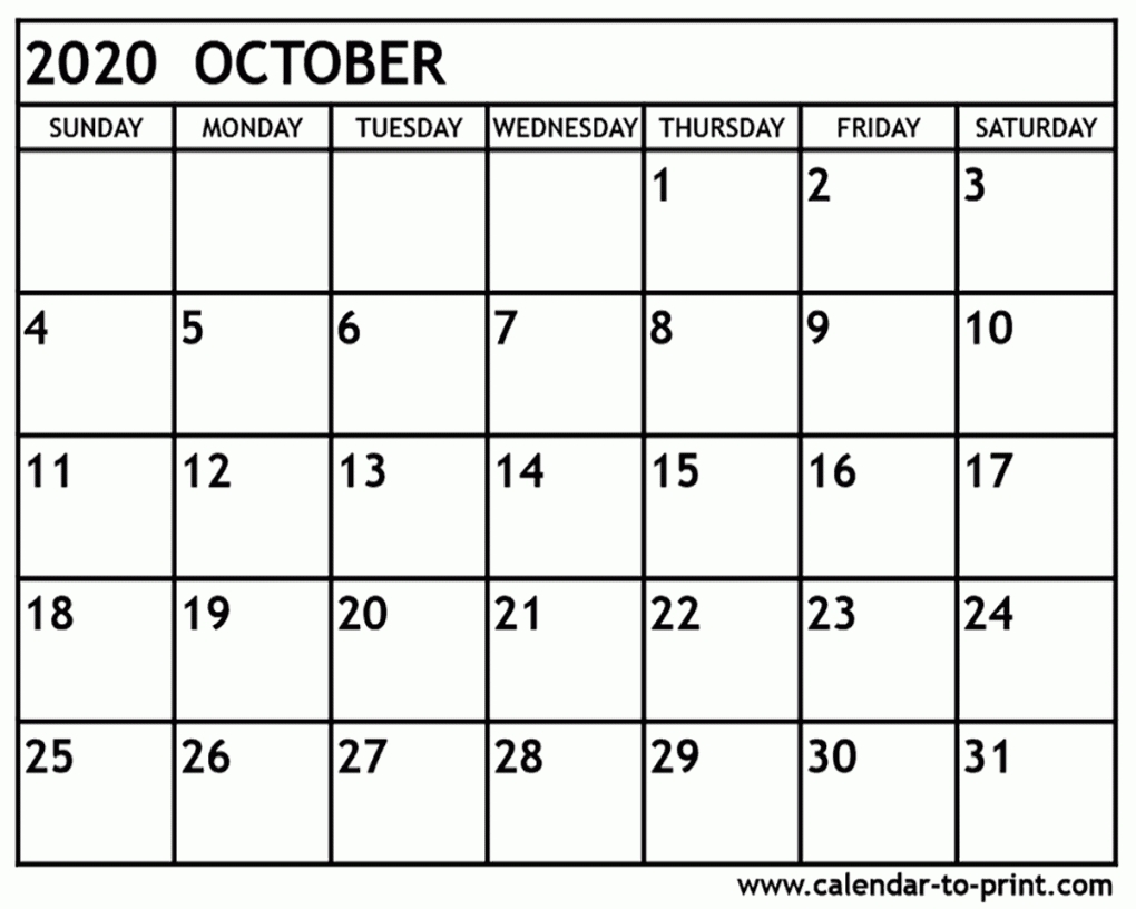 October Calendar 2020 Printable