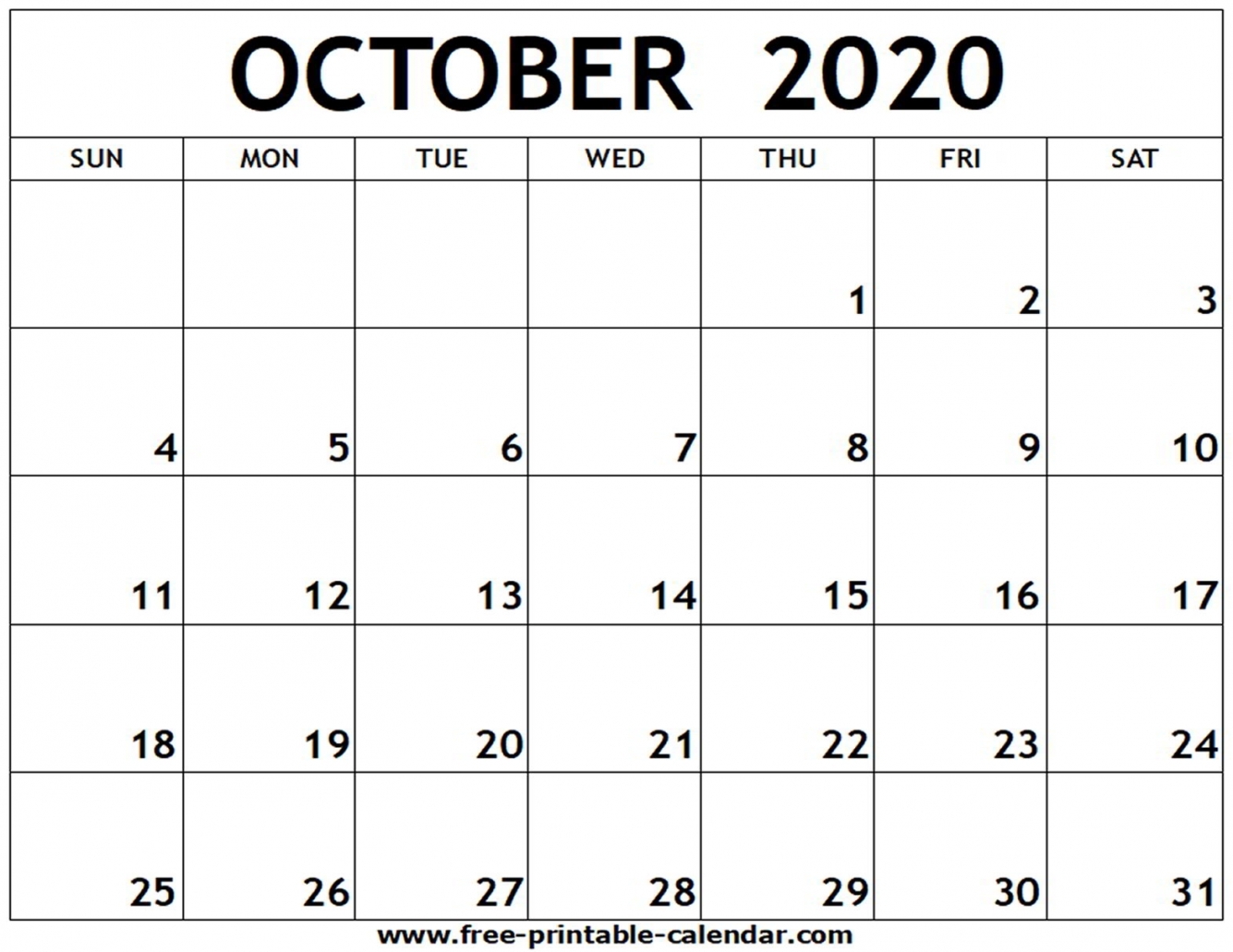 October 2020 Calendar Printable