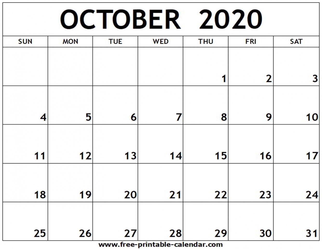 October Printable Calendar 2020