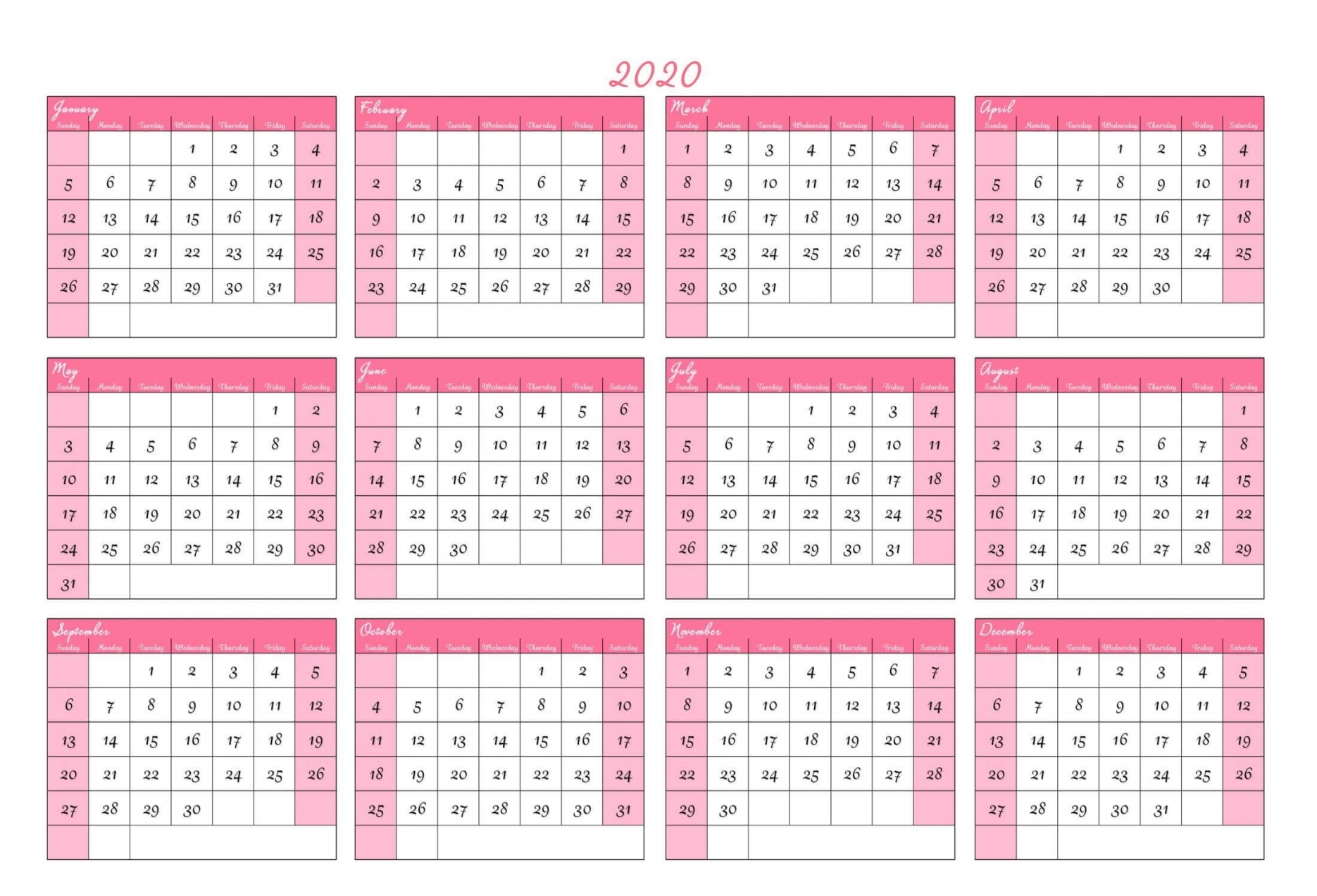 Mini Printable Calendar 2020
