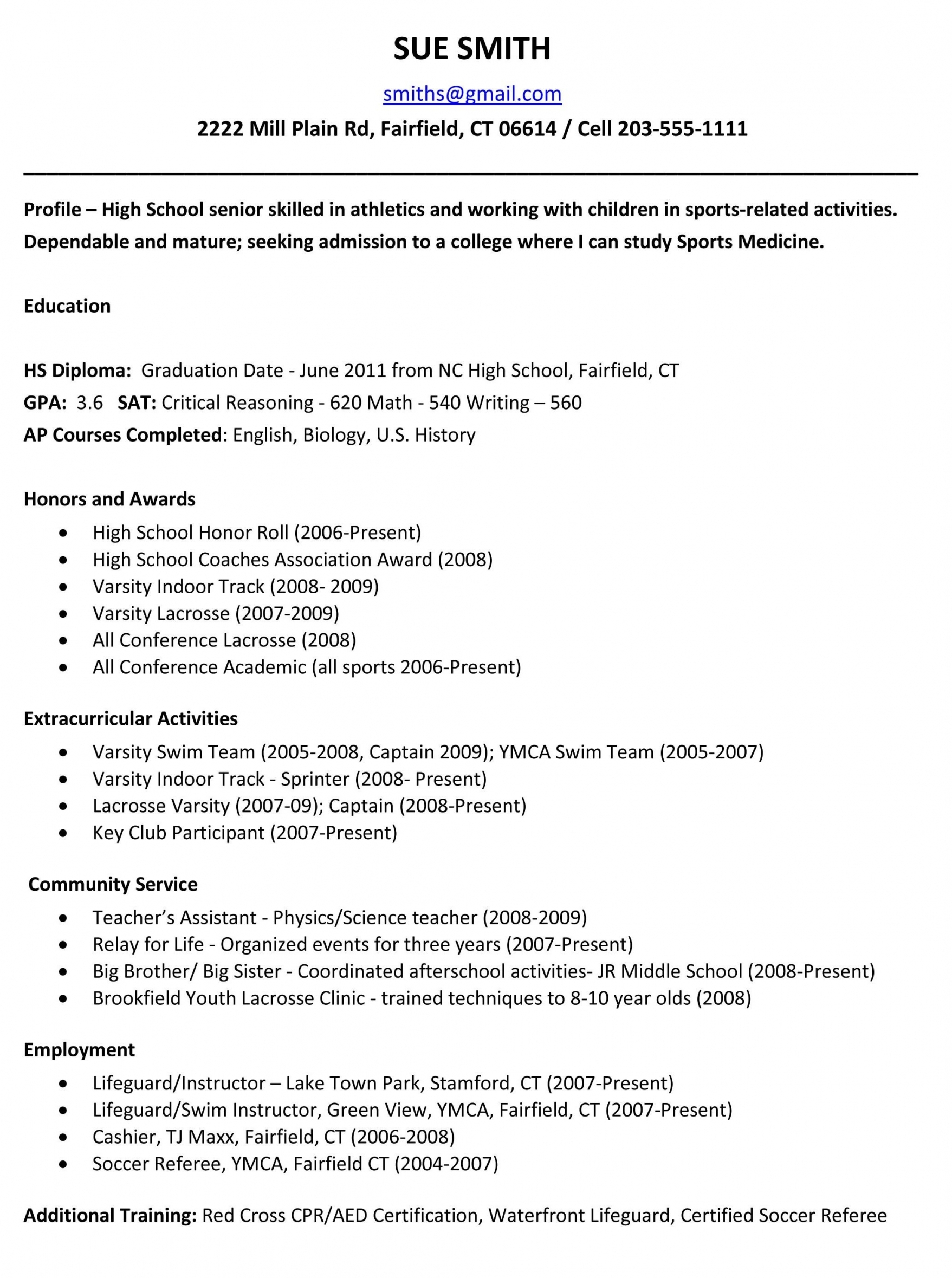 College Application Resume Example