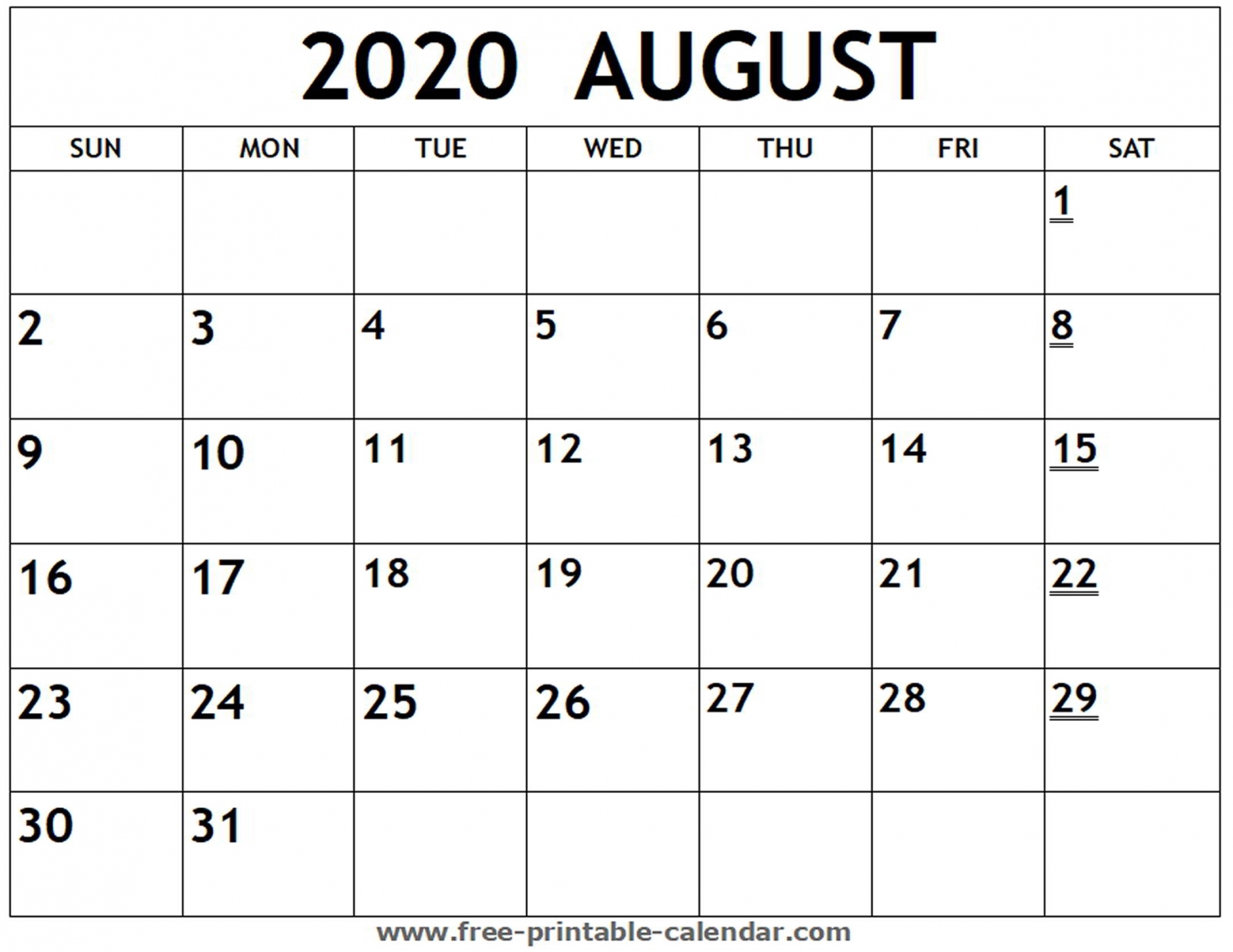 2020 August Calendar Printable