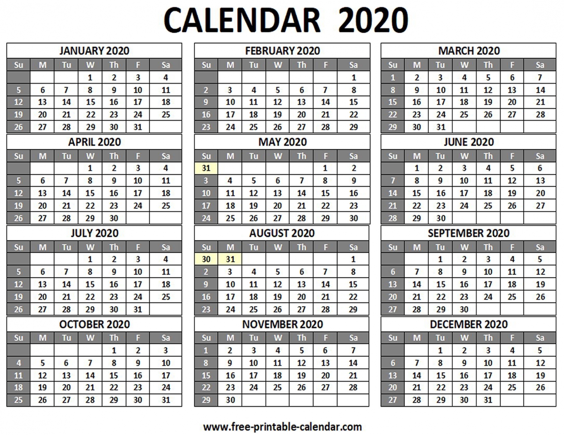 2020 12 Month Printable Calendar