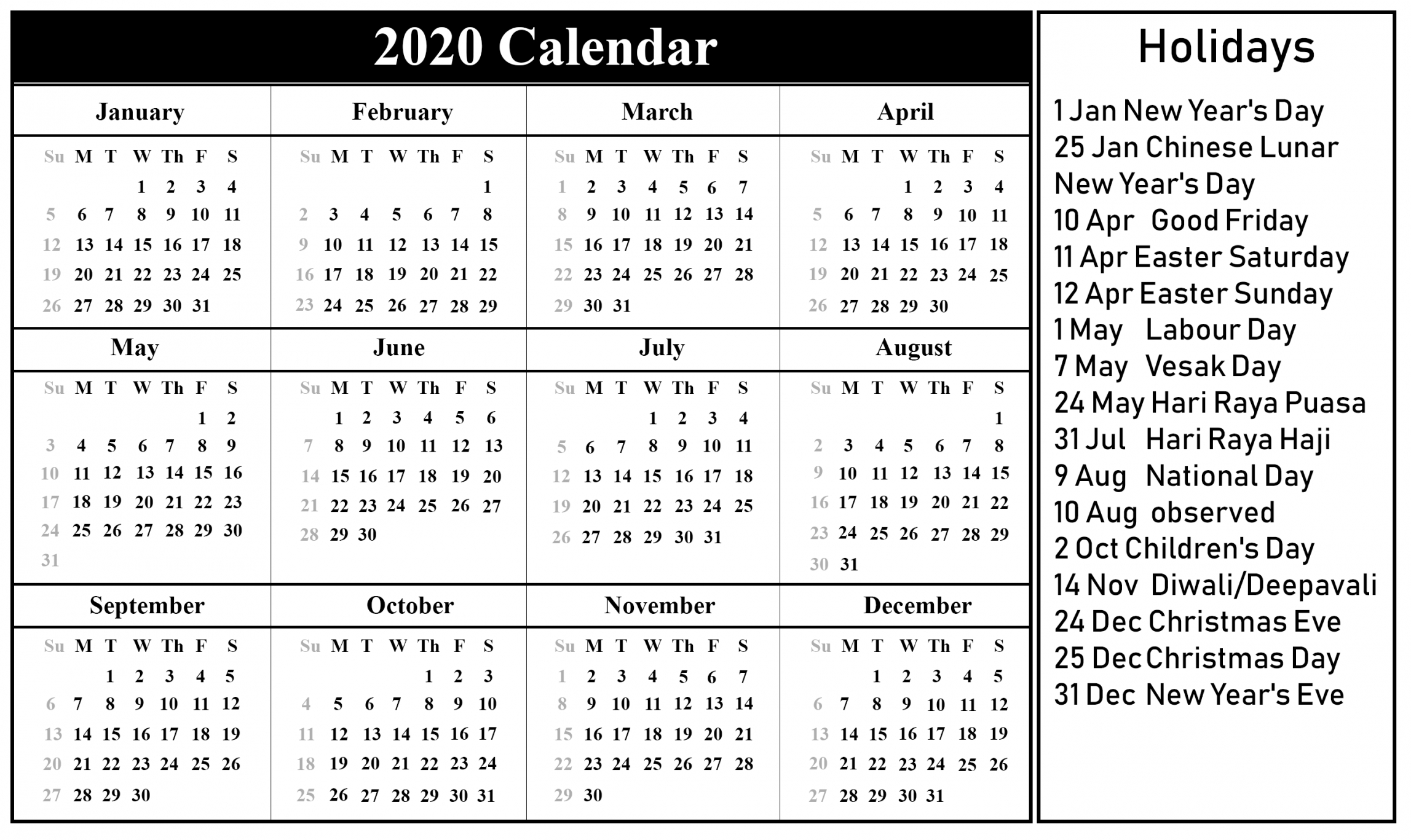 Calendar 2020 Printable With Holidays