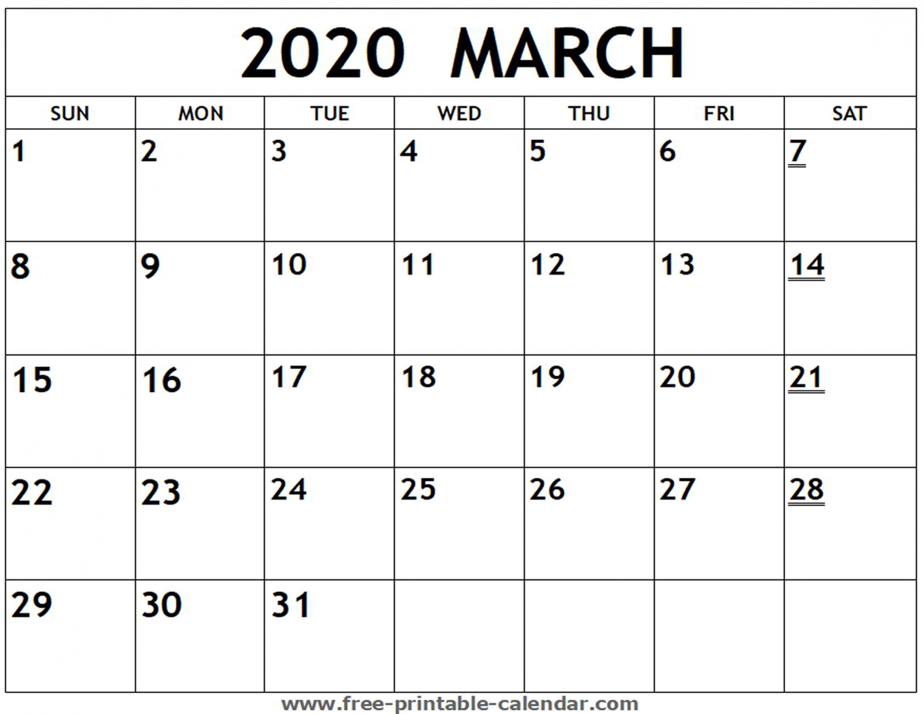 2020 March Calendar Printable