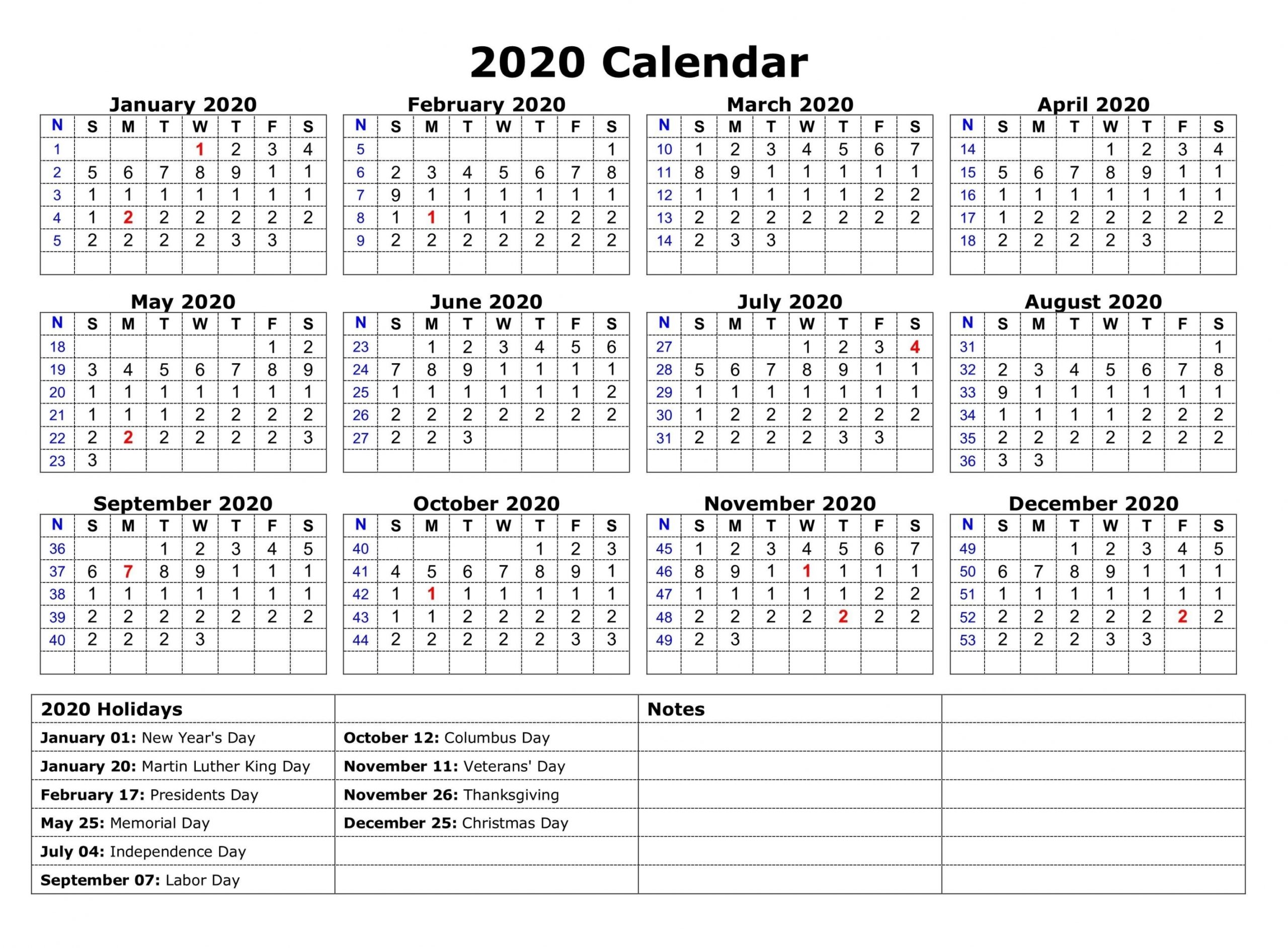 Calendar 2020 Printable With Holidays