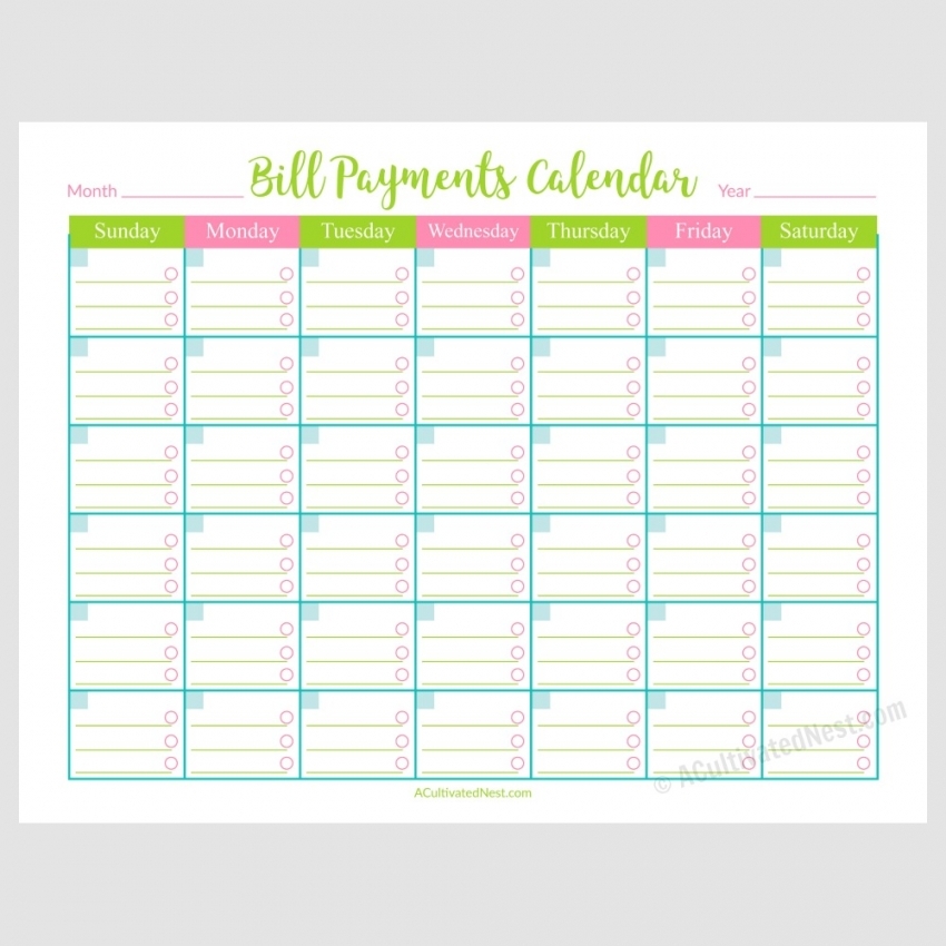 Bill Pay Calendar Printable