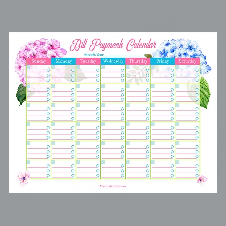 Bill Pay Calendar Printable