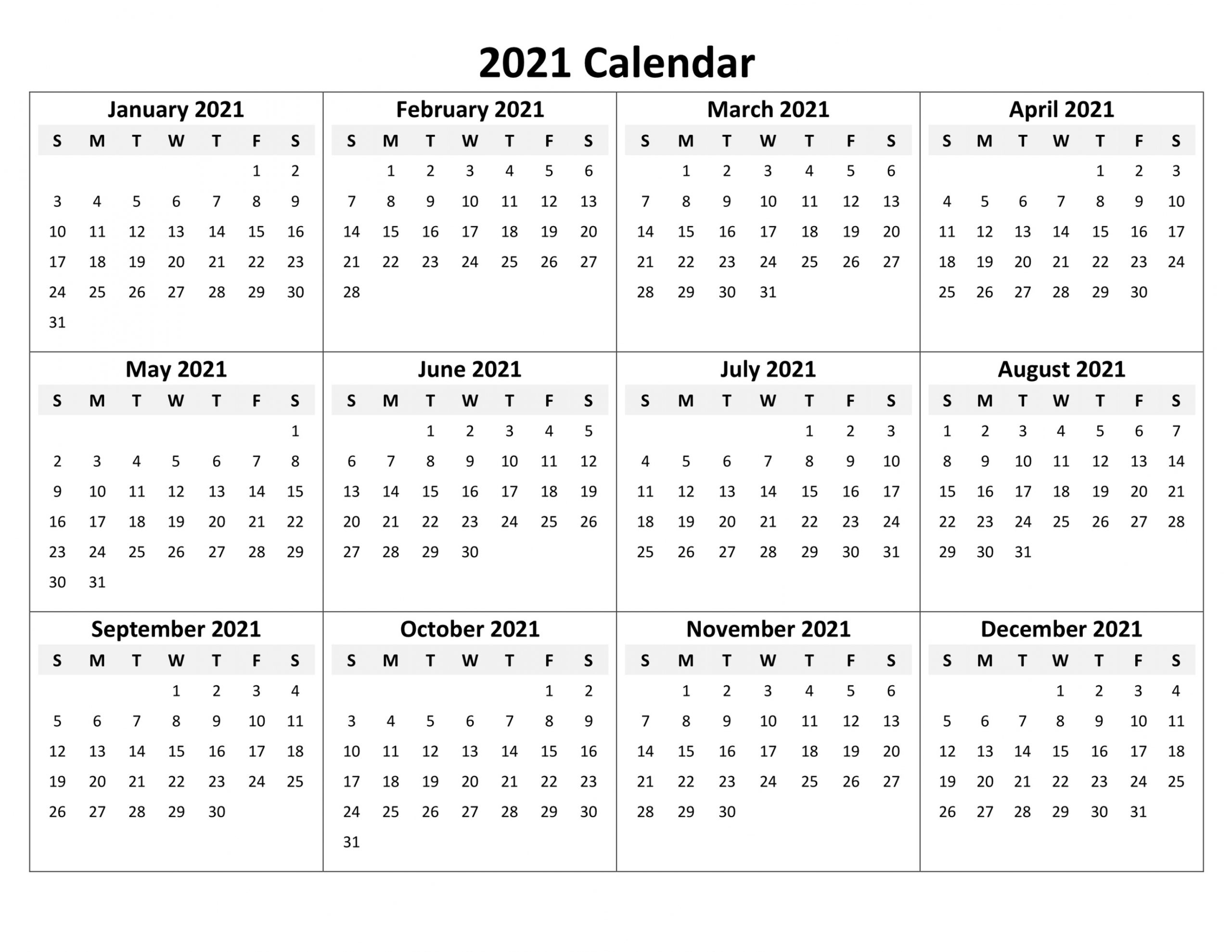 Printable Yearly Calendar 2021 Printable Yearly Calendar 2021