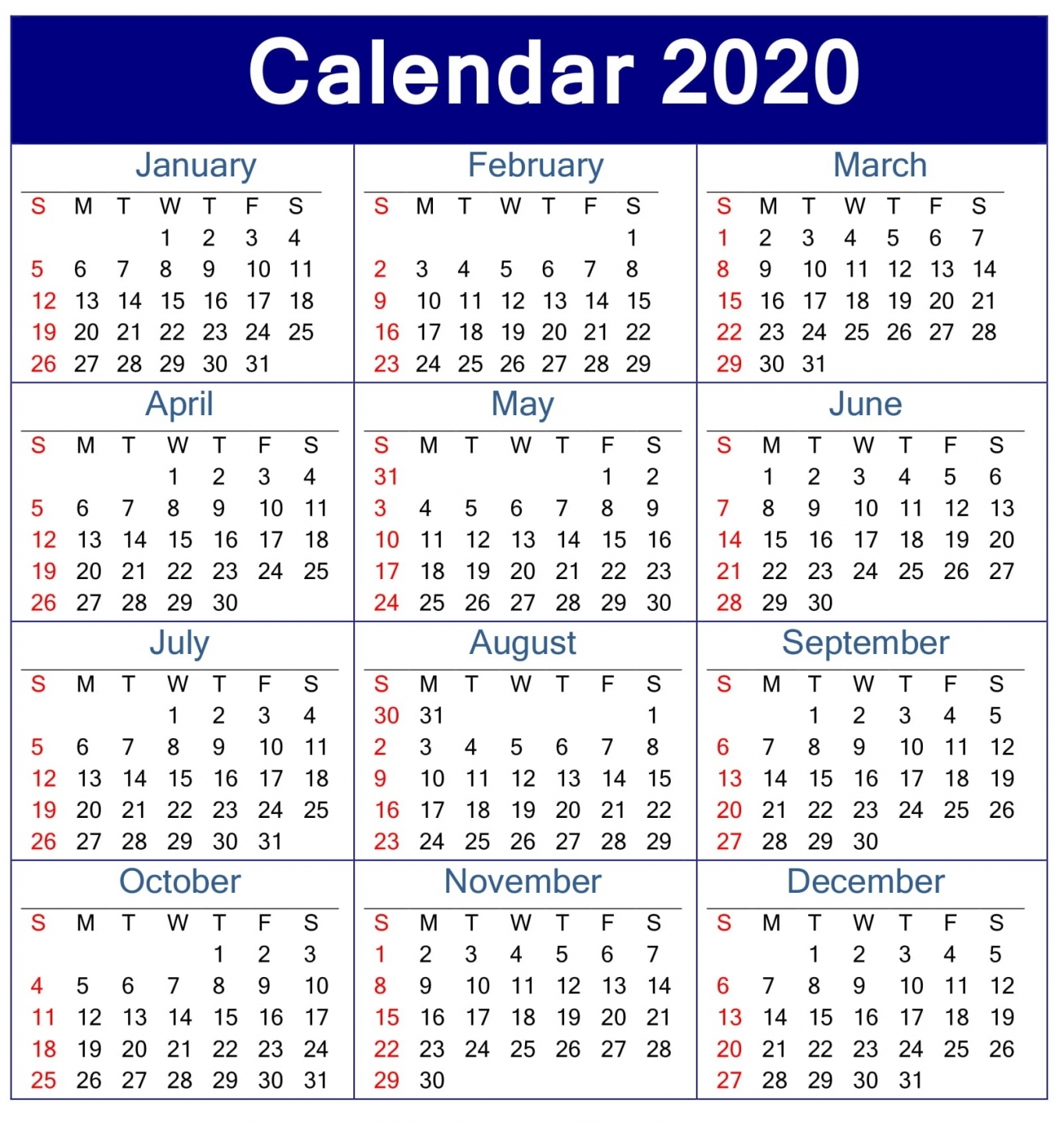 Printable Calendar 2020 Pdf