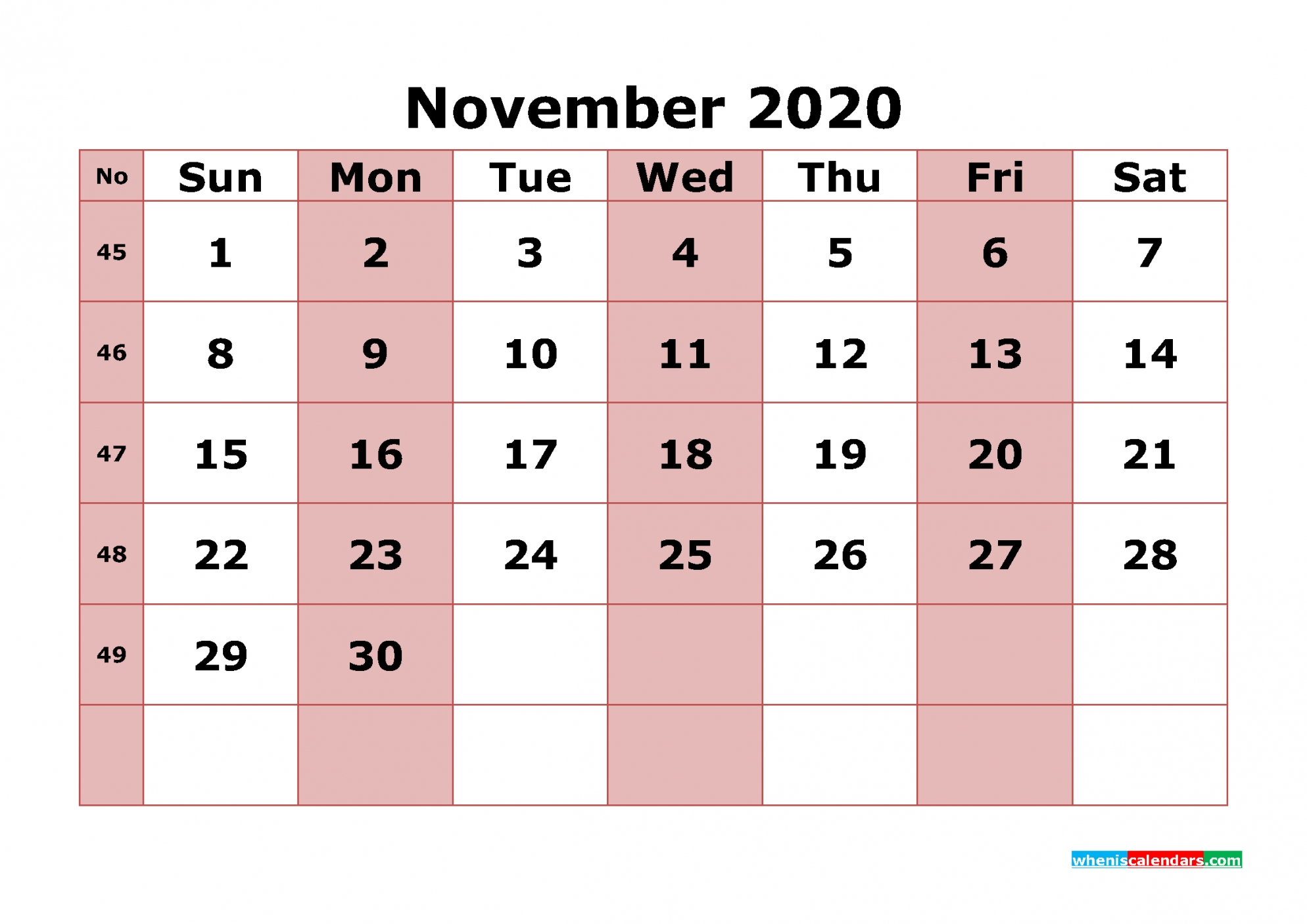 November 2020 Calendar Numbers Printable November 2020 Calendar Numbers Printable