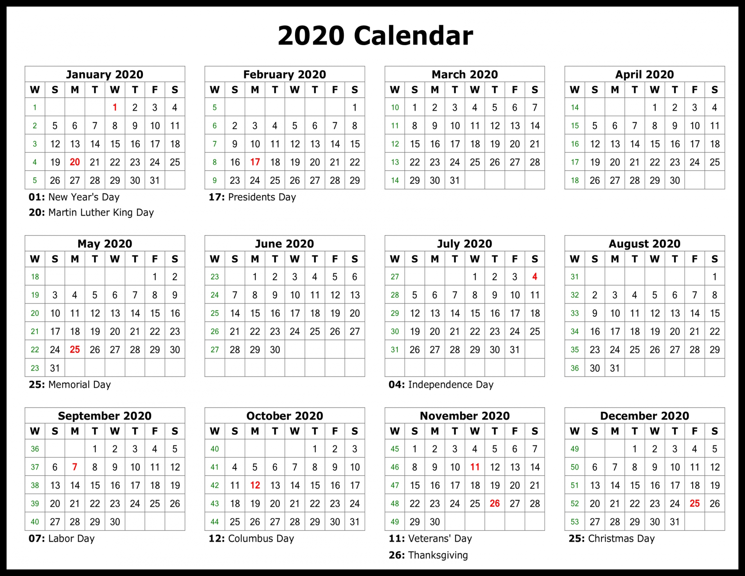 Free Printable Yearly Calendar 2020