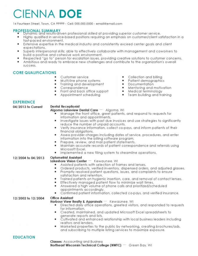 dental receptionist resume bullet points