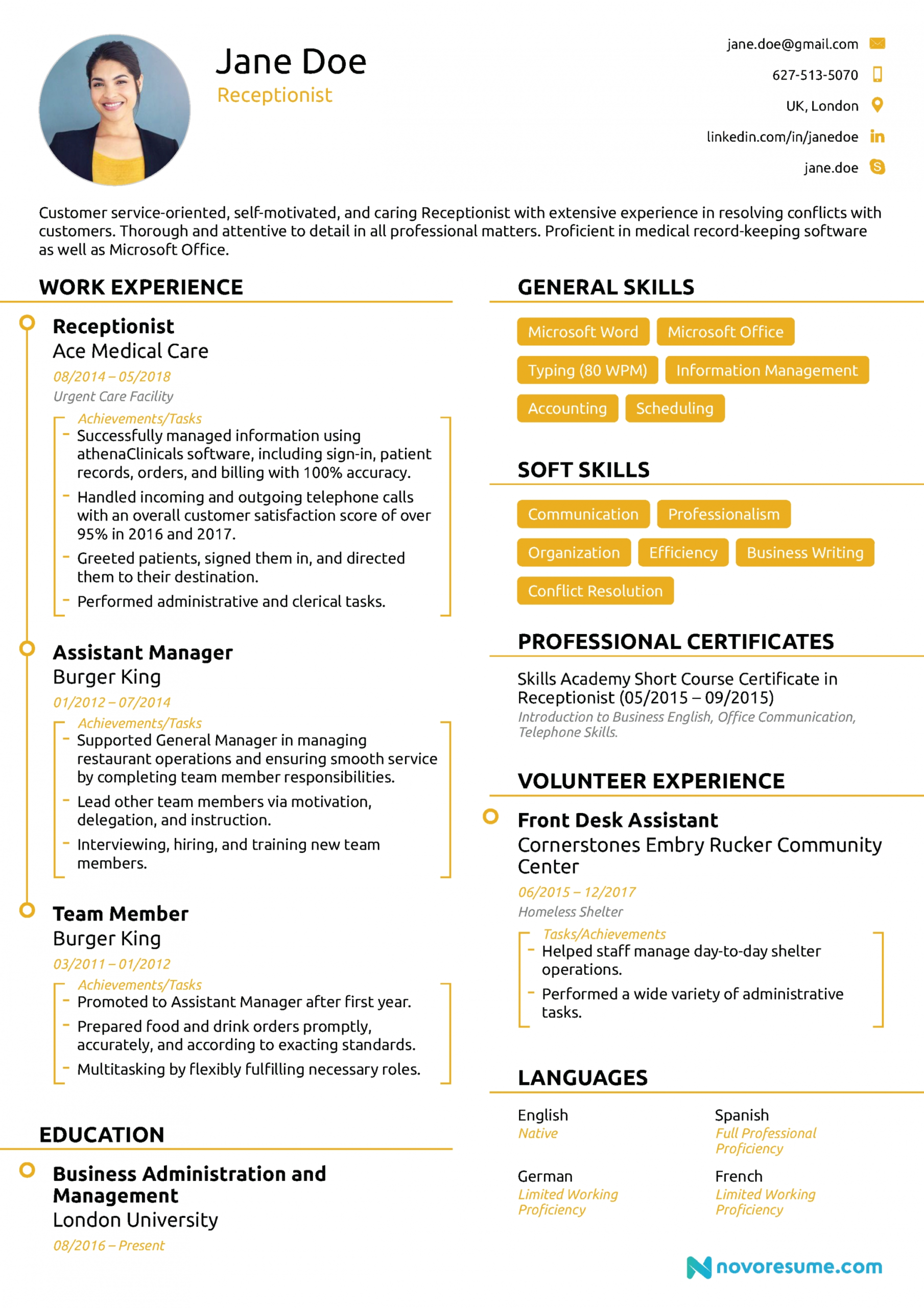Reception Resume Examples
