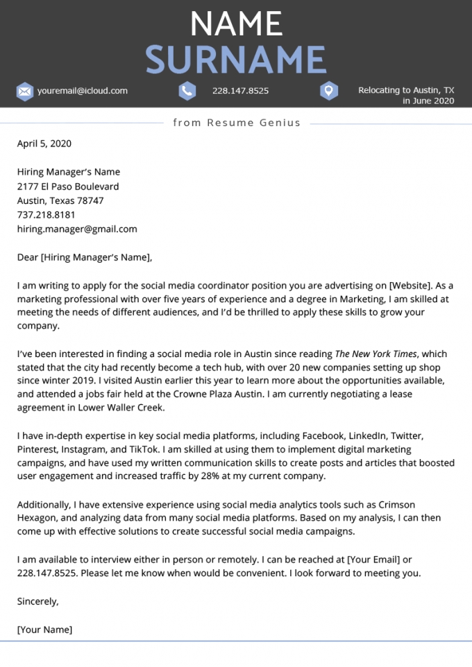 Sample Cover Letter For Relocation