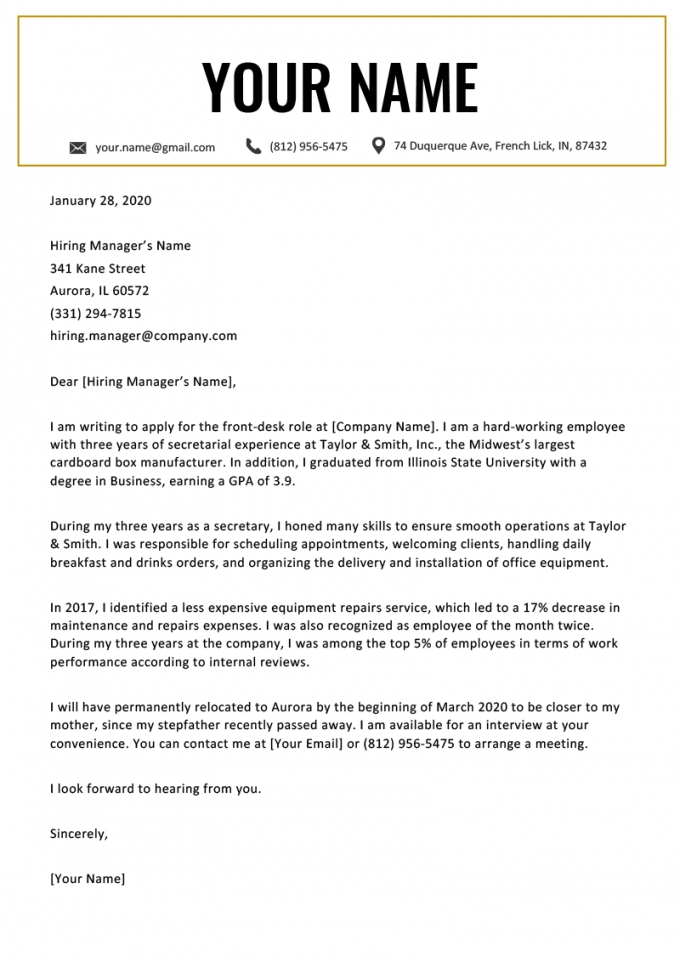 Sample Cover Letter For Relocation