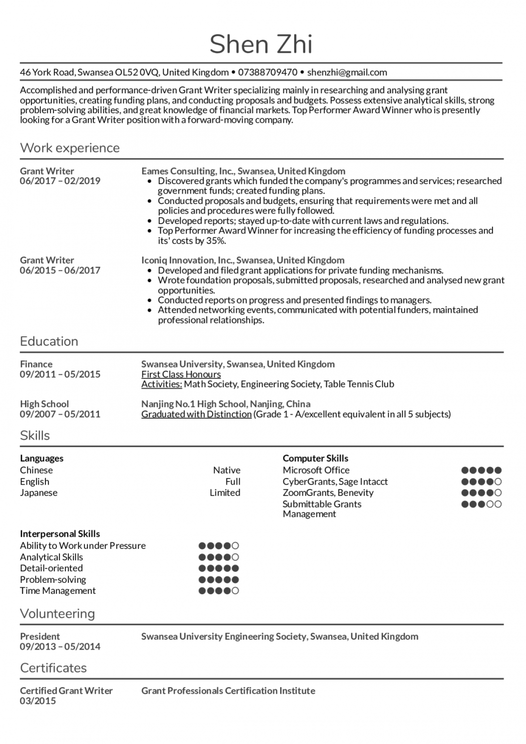 Writers Resume Example