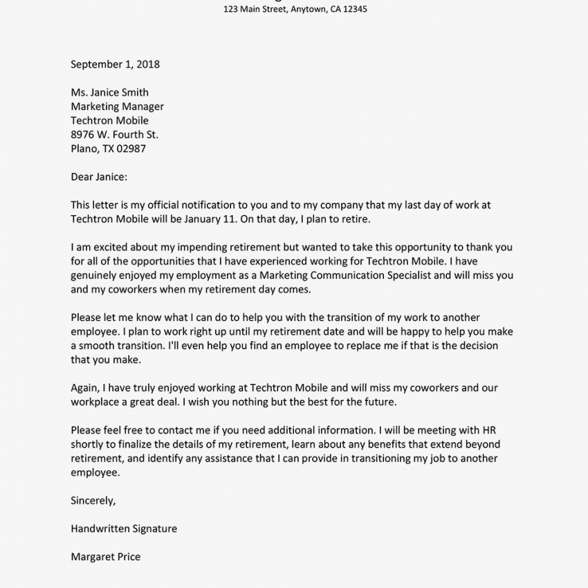 Retirement Resignation Letter Sample