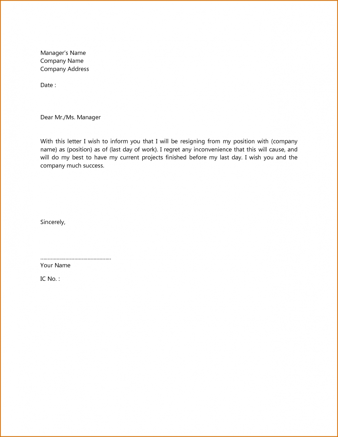 Basic Resignation Letters Free Letter Templates