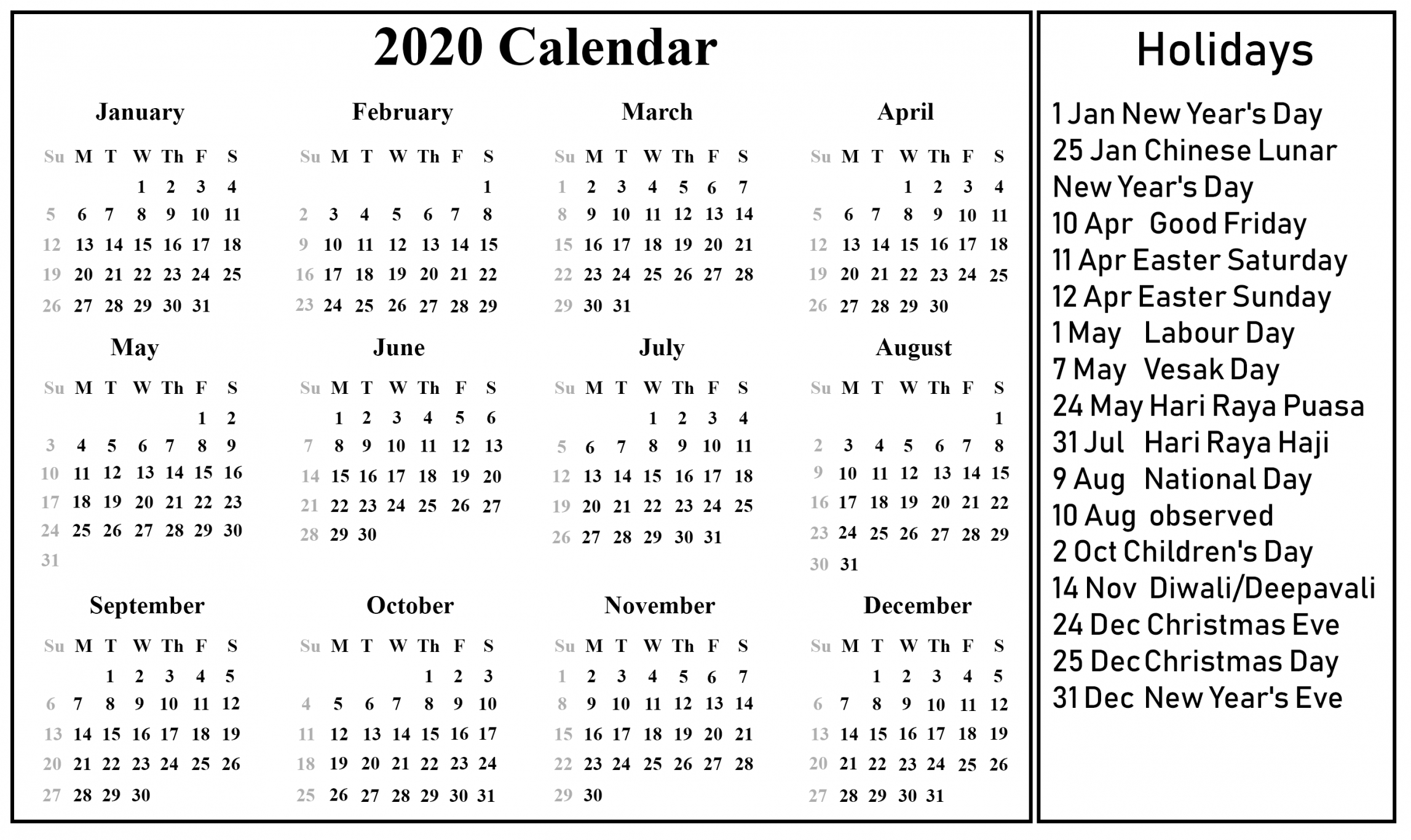 2020 Calendar Holidays Printable