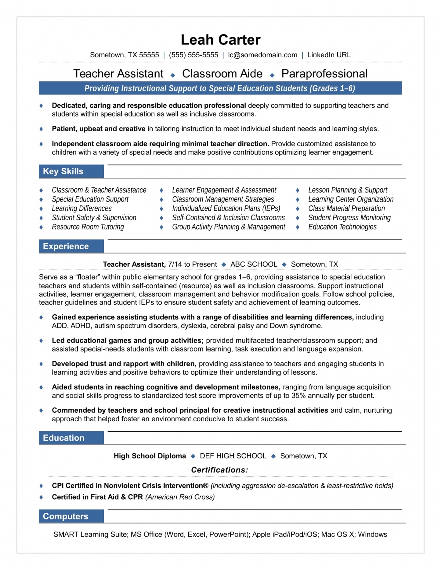 Assistant Teacher Resume Examples