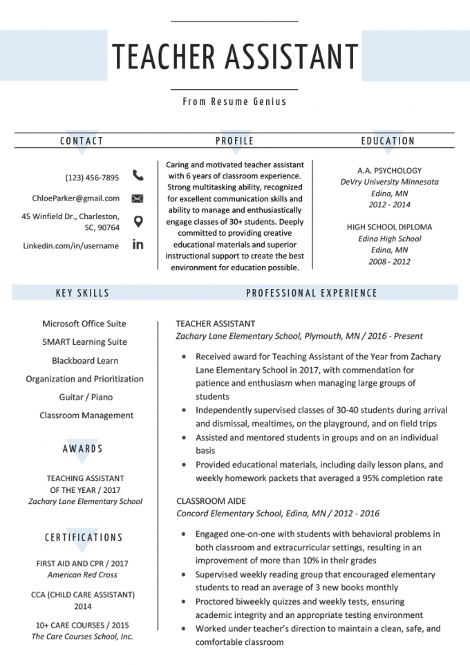 Assistant Teacher Resume Examples