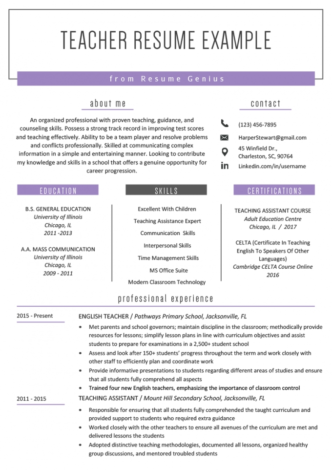 Resume Examples For Teachers With Experience