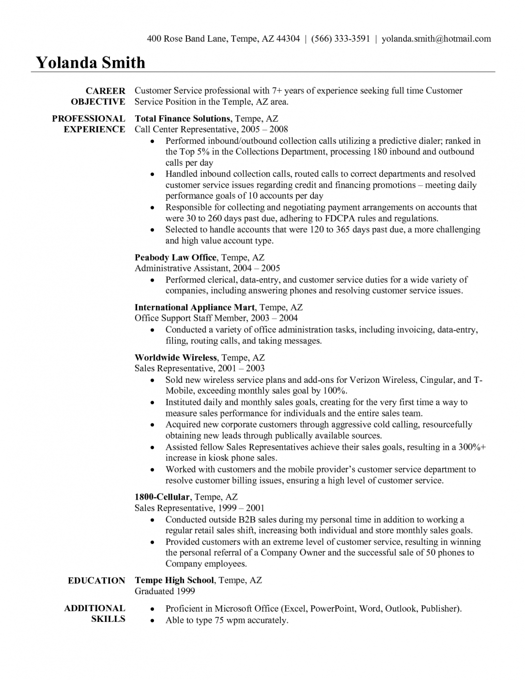 Customer Service Resume Objective Examples