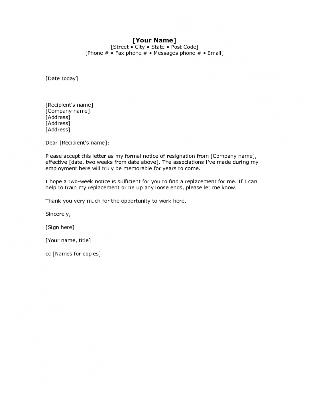 Two Weeks Notice Letter Examples