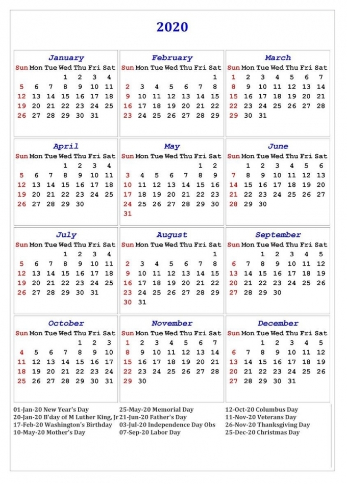 Printable 2020 Universal Monthly Calendar