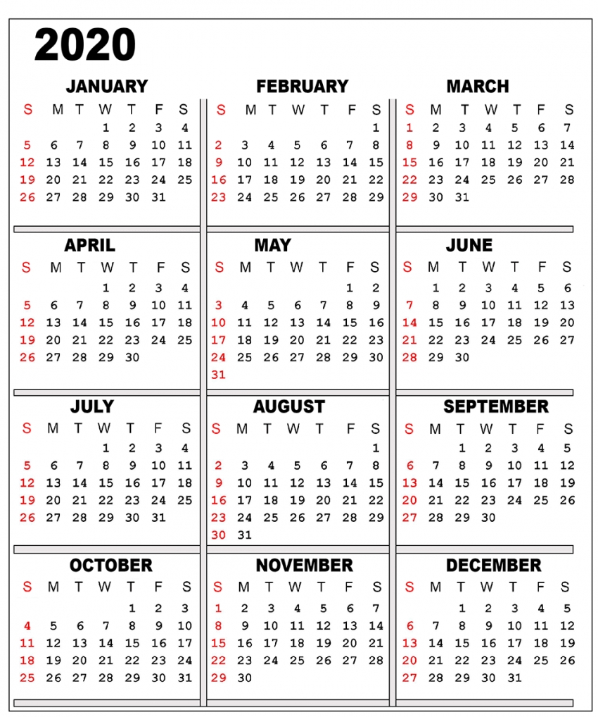 Year Calendar On One Page 2020 Year Calendar On One Page 2020